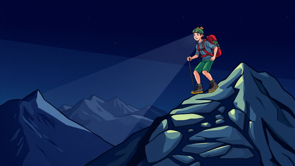 필수 장비: 헤드랜턴, 등산화, 의류 (cartoon 스타일)